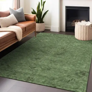 10' X 14' Fern Green And Dark Green Floral Washable Indoor Outdoor Area Rug