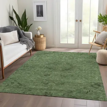 10' X 14' Fern Green And Dark Green Floral Washable Indoor Outdoor Area Rug