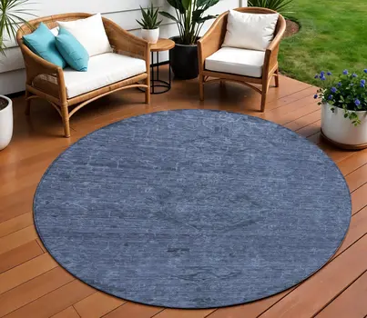 8' Navy Blue And Charcoal Round Floral Washable Indoor Outdoor Area Rug