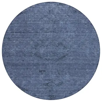 8' Navy Blue And Charcoal Round Floral Washable Indoor Outdoor Area Rug