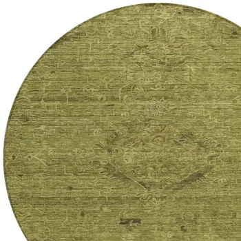 8' Olive Green And Brown Round Floral Washable Indoor Outdoor Area Rug