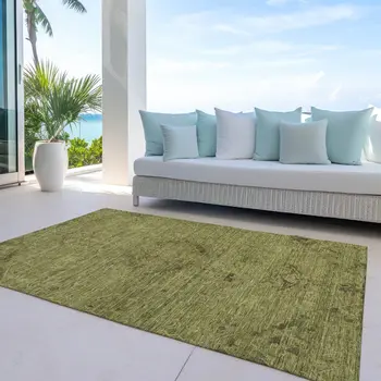 8' X 10' Olive Green And Brown Floral Washable Indoor Outdoor Area Rug