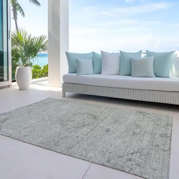 10' X 14' Pewter And Beige Floral Washable Indoor Outdoor Area Rug
