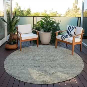 8' Sage And Beige Round Floral Washable Indoor Outdoor Area Rug