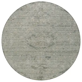 8' Sage And Beige Round Floral Washable Indoor Outdoor Area Rug