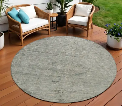 8' Sage And Beige Round Floral Washable Indoor Outdoor Area Rug