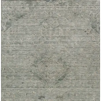 9' X 12' Sage And Beige Floral Washable Indoor Outdoor Area Rug