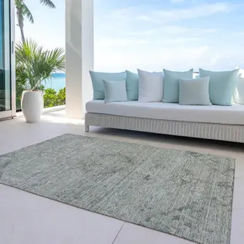 9' X 12' Sage And Beige Floral Washable Indoor Outdoor Area Rug