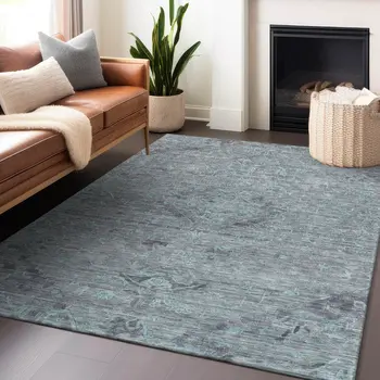 3' X 5' Teal Blue And Gray Floral Washable Indoor Outdoor Area Rug