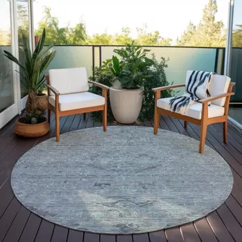 8' Teal Blue And Gray Round Floral Washable Indoor Outdoor Area Rug