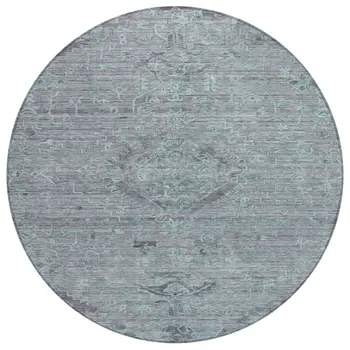 8' Teal Blue And Gray Round Floral Washable Indoor Outdoor Area Rug