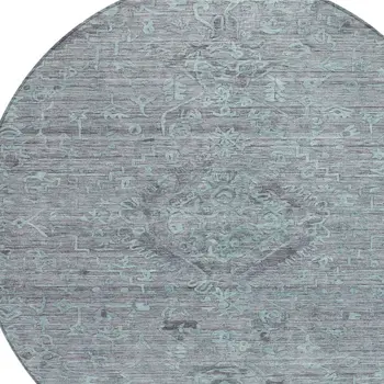 8' Teal Blue And Gray Round Floral Washable Indoor Outdoor Area Rug