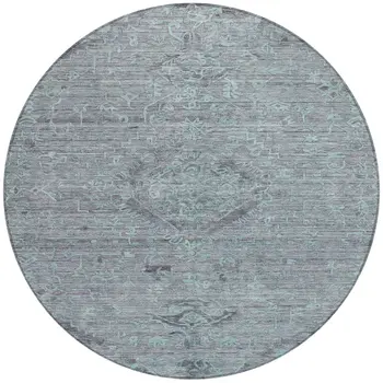8' Teal Blue And Gray Round Floral Washable Indoor Outdoor Area Rug