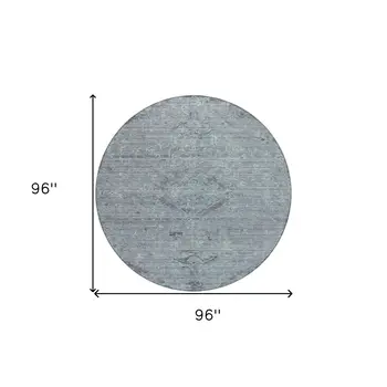 8' Teal Blue And Gray Round Floral Washable Indoor Outdoor Area Rug