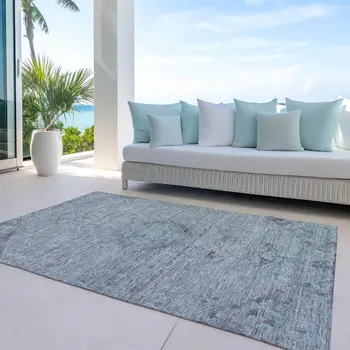 10' X 14' Teal Blue And Gray Floral Washable Indoor Outdoor Area Rug