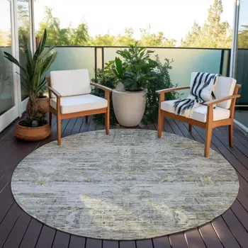 8' Gray Charcoal And Gold Round Abstract Washable Indoor Outdoor Area Rug