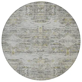 8' Gray Charcoal And Gold Round Abstract Washable Indoor Outdoor Area Rug
