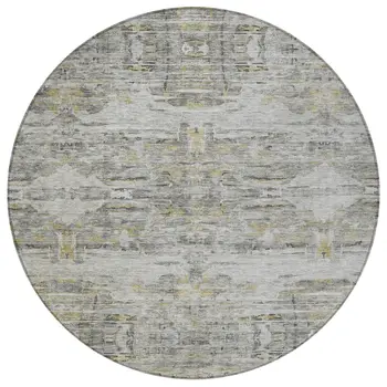 8' Gray Charcoal And Gold Round Abstract Washable Indoor Outdoor Area Rug