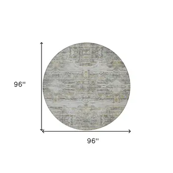 8' Gray Charcoal And Gold Round Abstract Washable Indoor Outdoor Area Rug