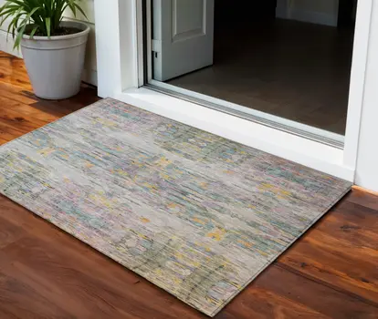 3' X 5' Linen Purple And Green Abstract Washable Indoor Outdoor Area Rug