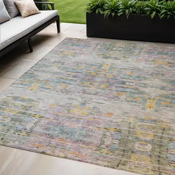 5' X 8' Linen Purple And Green Abstract Washable Indoor Outdoor Area Rug