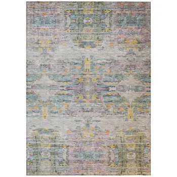5' X 8' Linen Purple And Green Abstract Washable Indoor Outdoor Area Rug