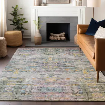 5' X 8' Linen Purple And Green Abstract Washable Indoor Outdoor Area Rug