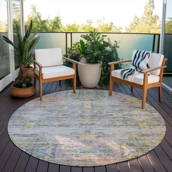 8' Linen Purple And Green Round Abstract Washable Indoor Outdoor Area Rug
