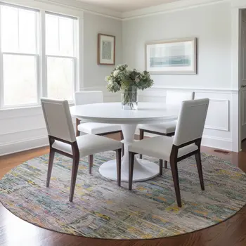 8' Linen Purple And Green Round Abstract Washable Indoor Outdoor Area Rug