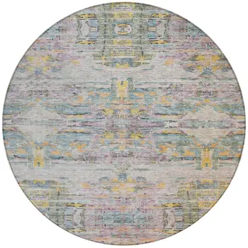 8' Linen Purple And Green Round Abstract Washable Indoor Outdoor Area Rug