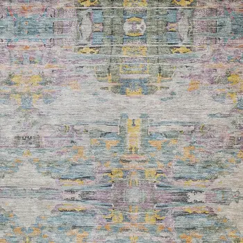 9' X 12' Linen Purple And Green Abstract Washable Indoor Outdoor Area Rug