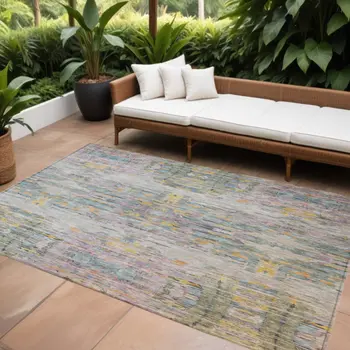 10' X 14' Linen Purple And Green Abstract Washable Indoor Outdoor Area Rug