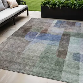 5' X 8' Brown Green And Blue Abstract Washable Indoor Outdoor Area Rug