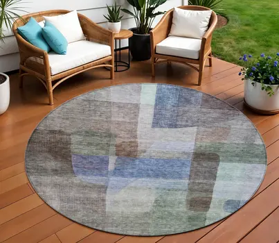 8' Brown Green And Blue Round Abstract Washable Indoor Outdoor Area Rug