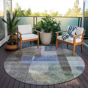 8' Brown Green And Blue Round Abstract Washable Indoor Outdoor Area Rug