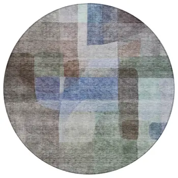 8' Brown Green And Blue Round Abstract Washable Indoor Outdoor Area Rug