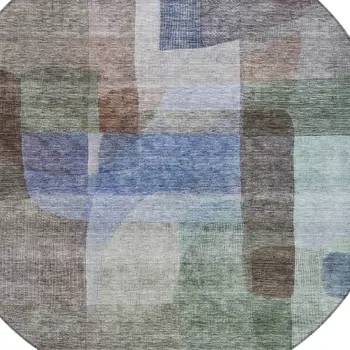 8' Brown Green And Blue Round Abstract Washable Indoor Outdoor Area Rug