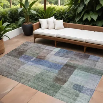9' X 12' Brown Green And Blue Abstract Washable Indoor Outdoor Area Rug