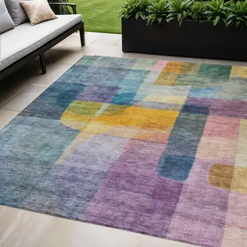 5' X 8' Blue Green And Purple Abstract Washable Indoor Outdoor Area Rug
