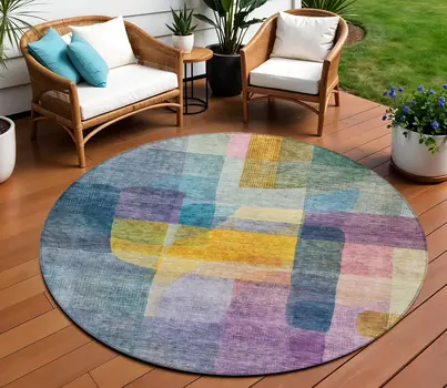 8' Blue Green And Purple Round Abstract Washable Indoor Outdoor Area Rug