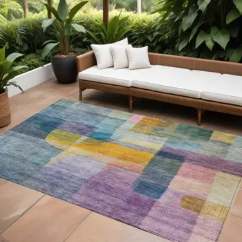 9' X 12' Blue Green And Purple Abstract Washable Indoor Outdoor Area Rug