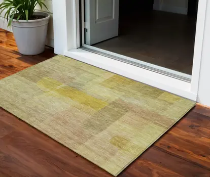 3' X 5' Gold Green And Brown Abstract Washable Indoor Outdoor Area Rug