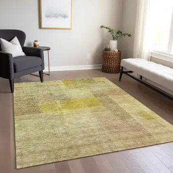 5' X 8' Gold Green And Brown Abstract Washable Indoor Outdoor Area Rug
