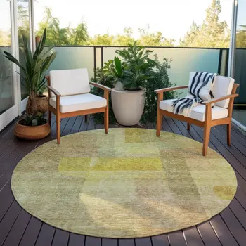 8' Gold Green And Brown Round Abstract Washable Indoor Outdoor Area Rug