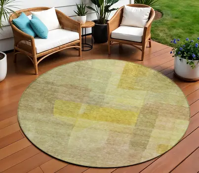 8' Gold Green And Brown Round Abstract Washable Indoor Outdoor Area Rug