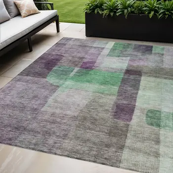 5' X 8' Purple Gray And Green Abstract Washable Indoor Outdoor Area Rug