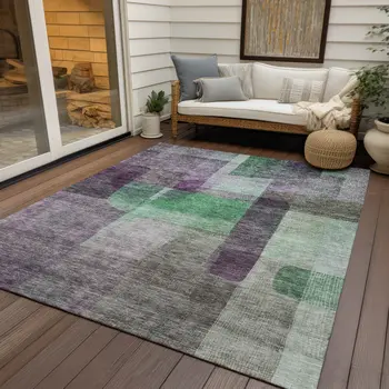 5' X 8' Purple Gray And Green Abstract Washable Indoor Outdoor Area Rug
