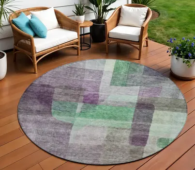 8' Purple Gray And Green Round Abstract Washable Indoor Outdoor Area Rug