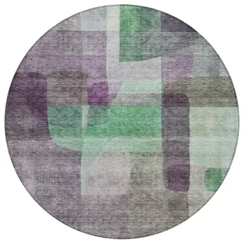 8' Purple Gray And Green Round Abstract Washable Indoor Outdoor Area Rug