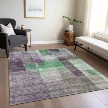 8' X 10' Purple Gray And Green Abstract Washable Indoor Outdoor Area Rug